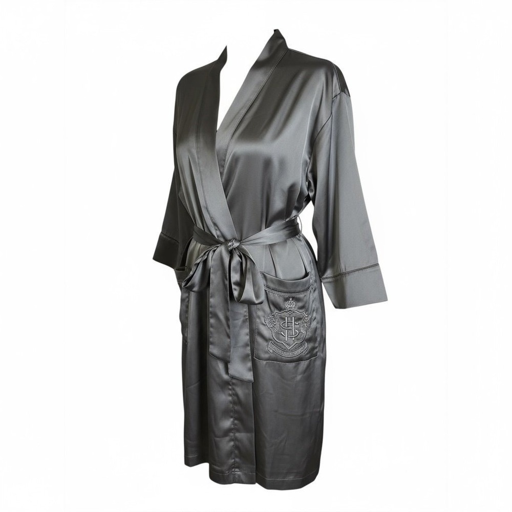 SKIMS Gray Satin Robe Women's Size L Belted Long Sleeve Lounge Sleepwear NWOT